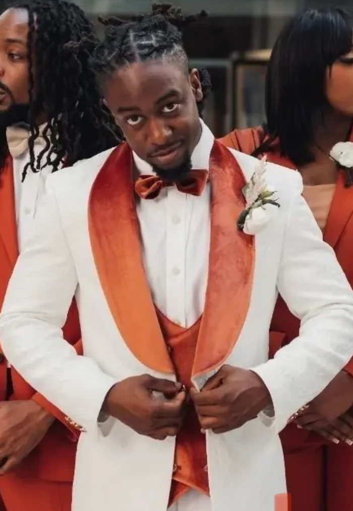 Men’s Cream Slim Fit Wedding Suit with Orange Contrast Lapels