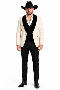 Mens Western Tuxedo Suit – Cream Cowboy Blazer with Black Velvet Vest and Satin Shawl Lapel