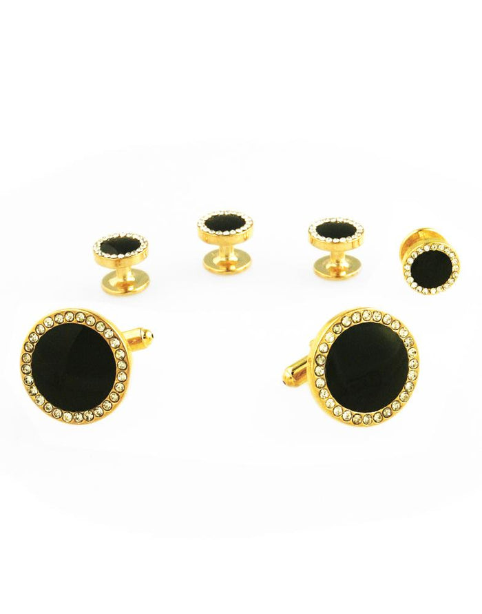 Black Circular Enamel with CZ Border Gold Edge Studs and Cufflinks Set