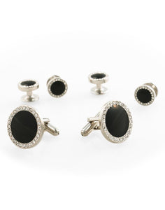 Black Circular Enamel with CZ Border Silver Edge Studs and Cufflinks Set