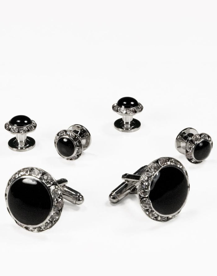 Black Circular Enamel with Rhinestones Silver Edge Studs and Cufflinks Set