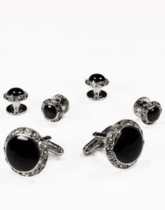 Black Circular Enamel with Rhinestones Silver Edge Studs and Cufflinks Set