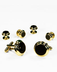 Black Circular Onyx with Gold Double Edge Concentric Circles Studs and Cufflinks Set