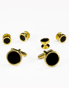 Black Circular Onyx with Gold Feather Cut Edge Studs and Cufflinks Set