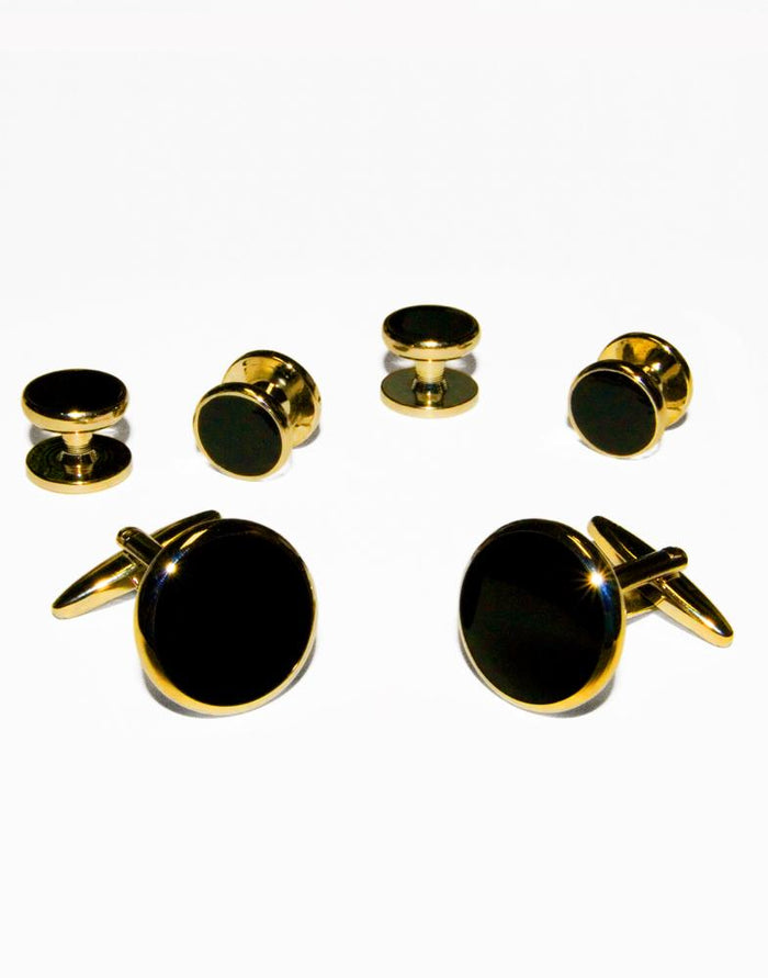 Black Circular Onyx with Gold Trim Studs and Cufflinks Set