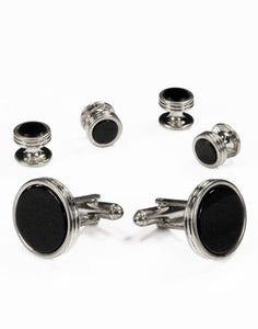 Black Circular Onyx with Silver Concentric Circles Studs and Cufflinks Set