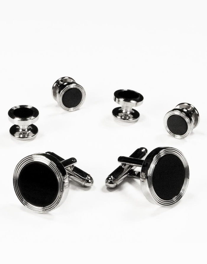 Black Circular Onyx with Silver Edge Concentric Circles Studs and Cufflinks Set