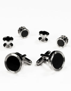 Black Circular Onyx with Silver Edge Concentric Circles Studs and Cufflinks Set