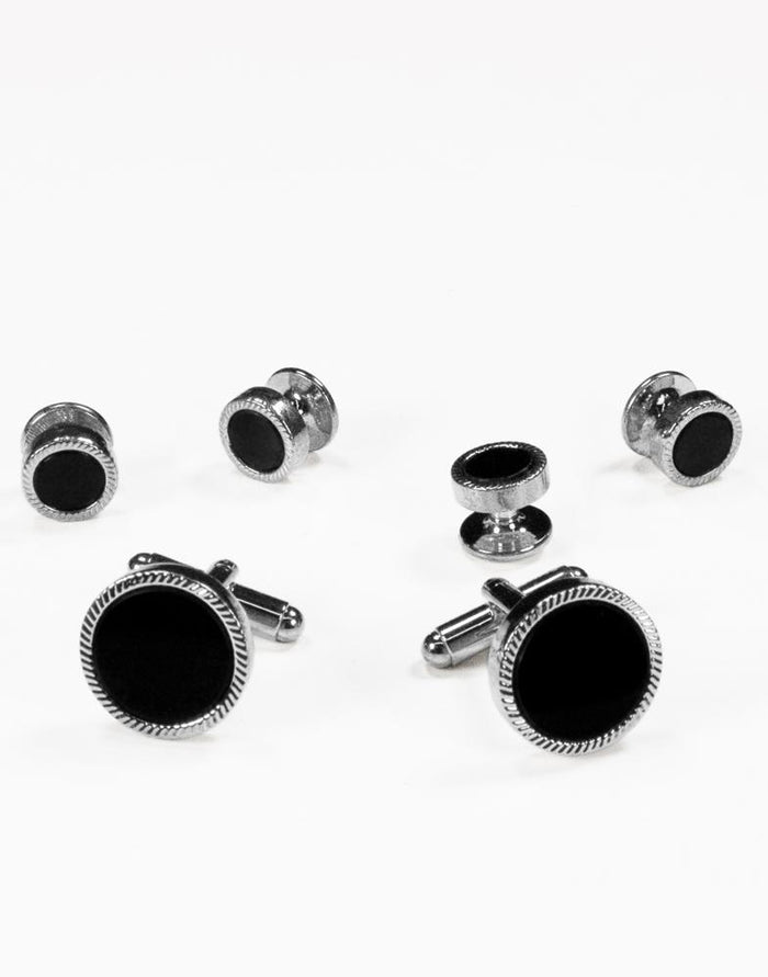 Black Circular Onyx with Silver Feather Cut Edge Studs and Cufflinks Set