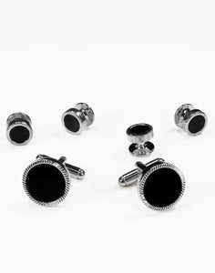 Black Circular Onyx with Silver Feather Cut Edge Studs and Cufflinks Set