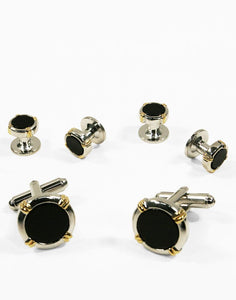 Black Circular Onyx with Silver Trim and Gold Wrapped Accents Studs and Cufflinks Set