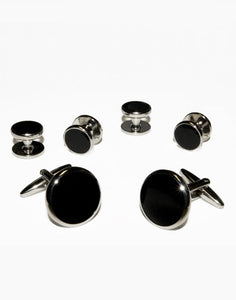 Black Circular Onyx with Silver Trim Studs and Cufflinks Set