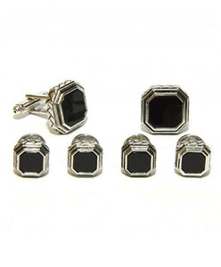 Black Octagon Onyx in Antique Silver Setting Studs & Cufflinks Set