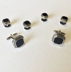 Black Octagon Onyx with Antique Silver Edge Studs and Cufflinks Set