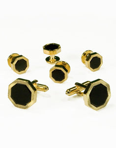 Black Octagon Onyx with Gold Feathered Edge Studs and Cufflinks Set