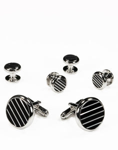 Black & White Circular Onyx and Mother of Pearl Mini-Stripes with Silver Trim Studs and Cufflinks Set