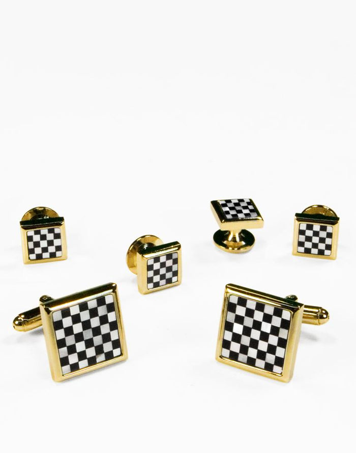 Black & White Square Onyx and Mother of Pearl Checkerboard with Gold Trim Studs and Cufflinks Set