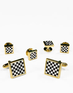 Black & White Square Onyx and Mother of Pearl Checkerboard with Gold Trim Studs and Cufflinks Set