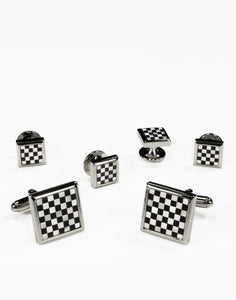 Black & White Square Onyx and Mother of Pearl Checkerboard with Silver Trim Studs and Cufflinks Set