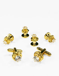Crystal in Gold Loveknot Studs and Cufflinks Set