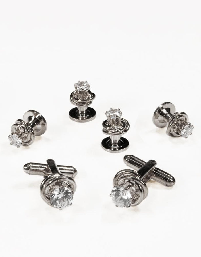 Crystal in Silver Loveknot Studs and Cufflinks Set