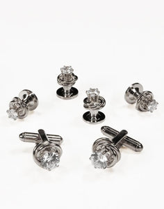 Crystal in Silver Loveknot Studs and Cufflinks Set