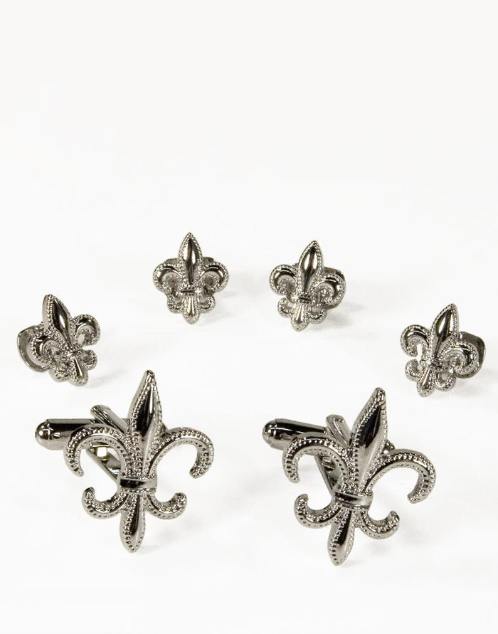 Fleur de Lis Silver Studs and Cufflinks Set