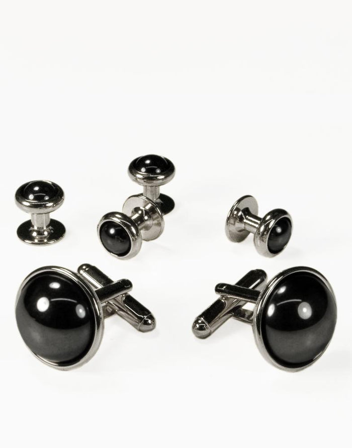 Hematite Dome with Silver Trim Studs and Cufflinks Set