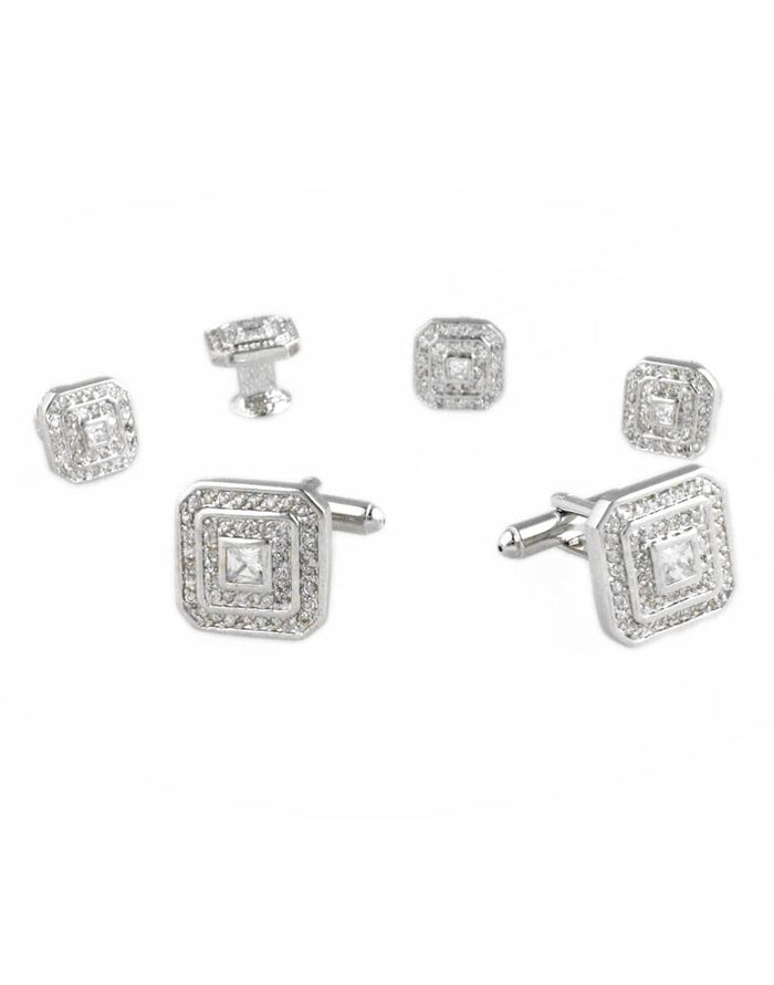 Square CZ with Silver Trim Studs and Cufflinks Set