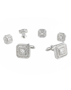 Square CZ with Silver Trim Studs and Cufflinks Set