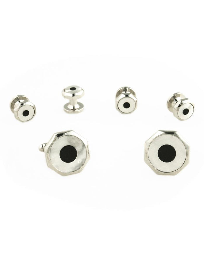 Target Onyx and Mother of Pearl Ring with Silver Octagon Edge Studs and Cufflinks Set