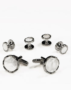 White Circular Mother of Pearl with Silver Diamond Cut Edge Studs and Cufflinks Set