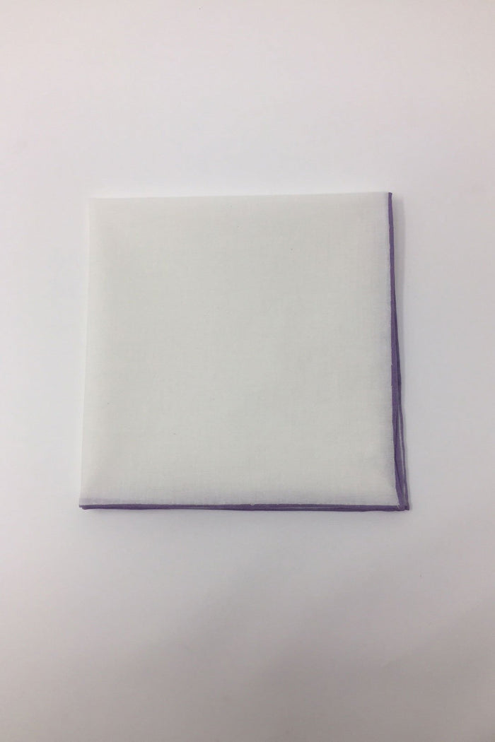 White Cotton with Lavender Border Pocket Square