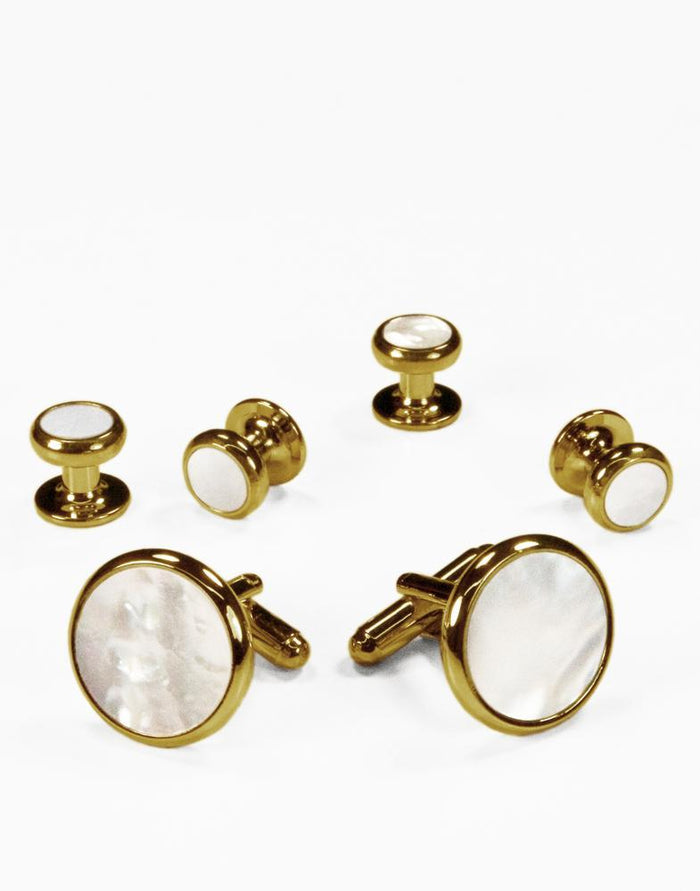 White Mother of Pearl in Gold Setting Studs & Cufflinks Set