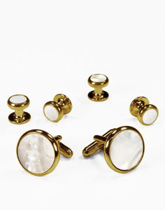 White Mother of Pearl in Gold Setting Studs & Cufflinks Set