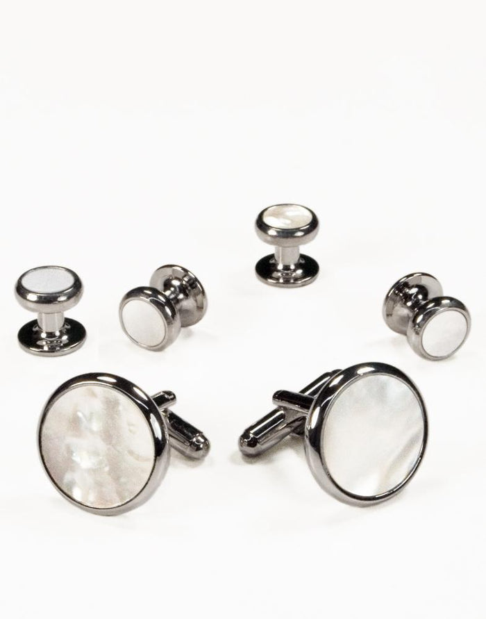 White Mother of Pearl in Silver Setting Studs & Cufflinks Set
