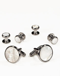 White Mother of Pearl in Silver Setting Studs & Cufflinks Set