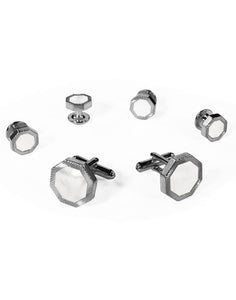 White Octagon Mother of Pearl with Silver Edge Studs and Cufflinks Set