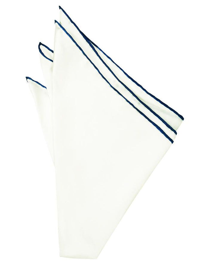 White Silk with Blue Hand Rolled Trim Pocket Square