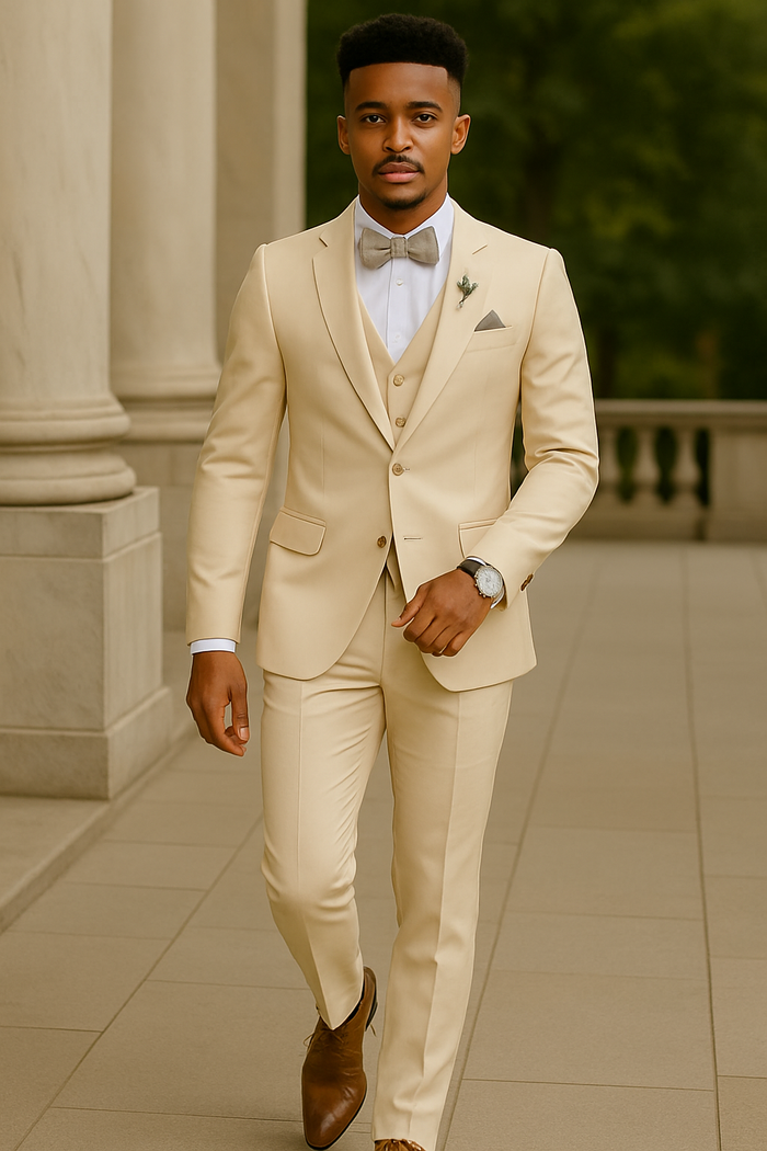 Champagne Color Suit With Double Breasted Vest in Light Tan Sand Color - Slim Fitted Summer Wedding Suit