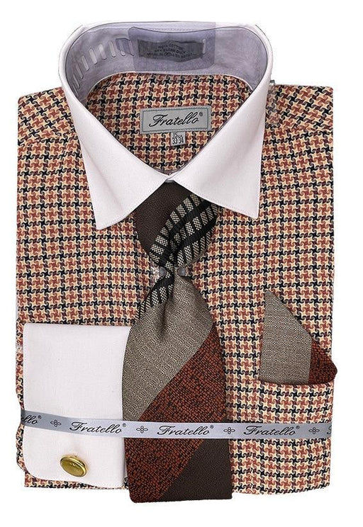 "Daniel Ellissa Beige Men's Vintage Houndstooth Dress Shirt & Tie Set" - USA Men's Outlet