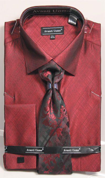 "Daniel Ellissa Burgundy Pattern French Cuff Men's Dress Shirt, Tie, & Hanky Set" - USA Men's Outlet