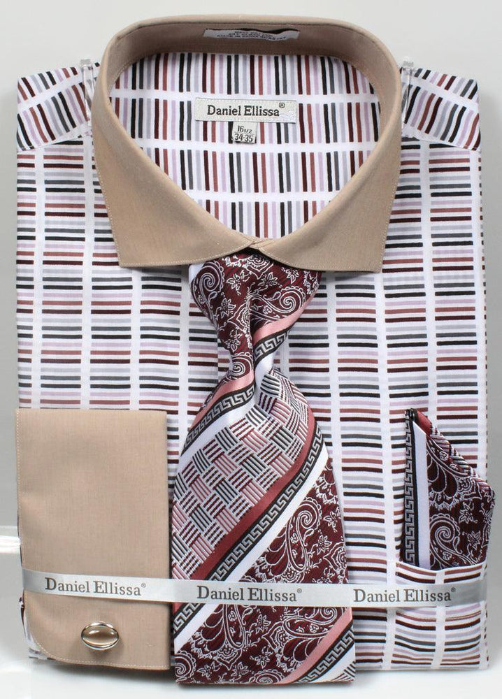 Daniel Ellissa Classic Beige Multi-Stripe Shirt & Tie Set - Wide Spread Collar & Contrast Cuffs - USA Men's Outlet