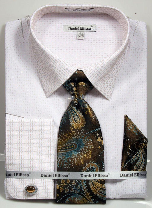 Daniel Ellissa "Eterna" White/Beige Dress Shirt & Tie Set, French Cuff, Mini Plus Pattern - USA Men's Outlet