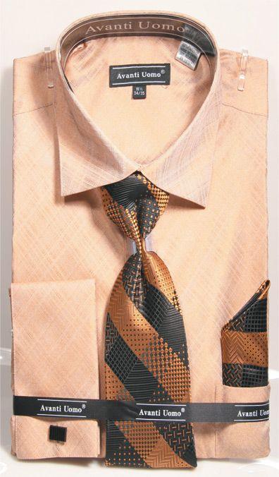 Daniel Ellissa French Weave Pattern Dress Shirt, Tie & Hanky Set in Tan - USA Men's Outlet