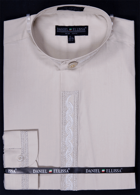 Daniel Ellissa Men's Beige Dress Shirt w/Silver Wave Embroidery | Regular Fit, Banded Collar - USA Men's Outlet