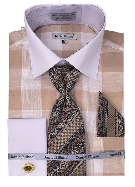 Daniel Ellissa Men's Beige Picnic Plaid Dress Shirt Set w/ Contrast Collar & French Cuffs - USA Men's Outlet