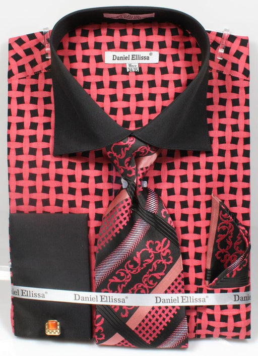 Daniel Ellissa Men's Black & Coral French Cuff Shirt & Tie Set w/ Lattice Collar Contrast - USA Men's Outlet