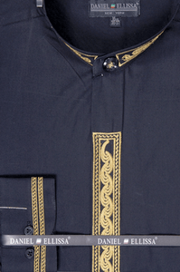 Daniel Ellissa Men's Black & Gold Banded Collar Dress Shirt - Regular Fit - USA Men's Outlet