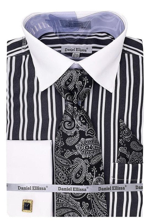 Daniel Ellissa Men's Black Double Stripe Dress Shirt -White Collar & French Cuffs - USA Men's Outlet